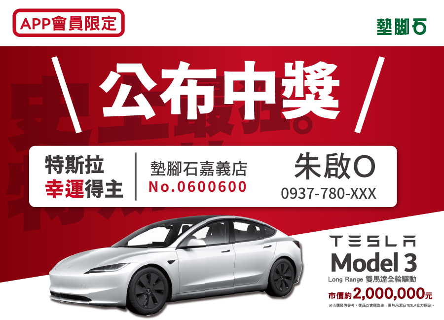 【回饋顧客春節特大獎-TESLA Model 3 Long Range 雙馬達全輪驅動】中獎公告