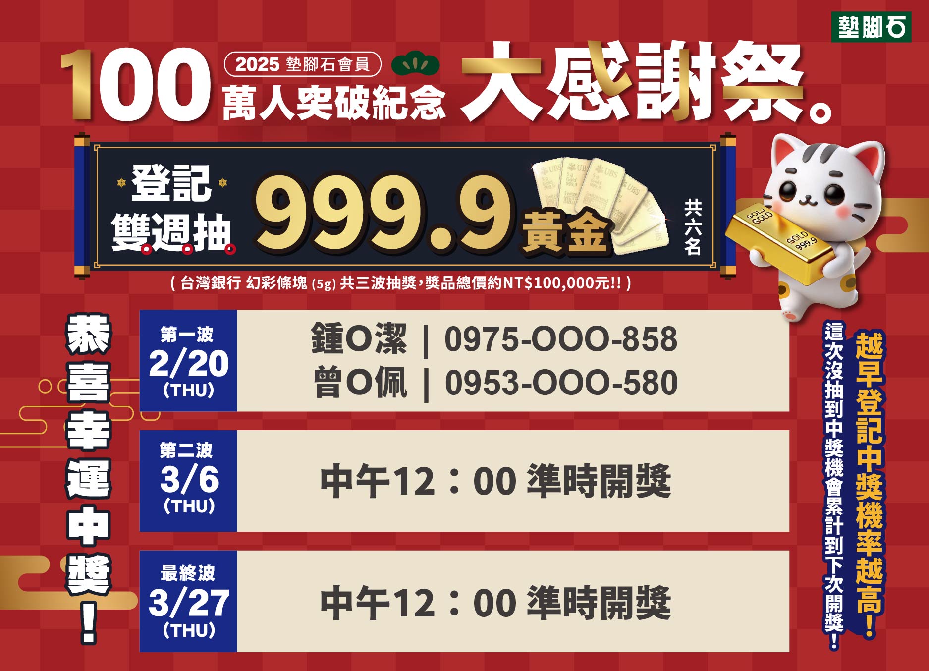 【百萬會員大感謝祭 | 登記雙週抽黃金】第一波中獎公告