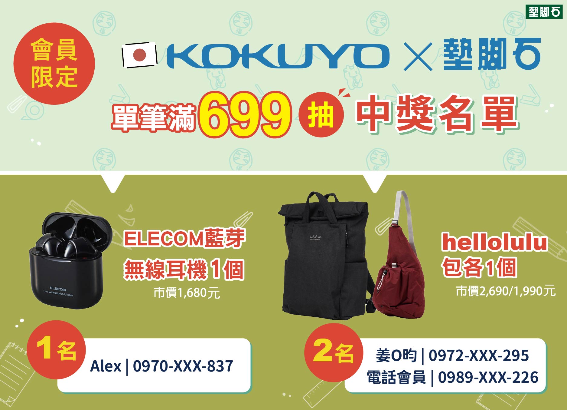 【KOKUYO滿699抽後背包】中獎公告
