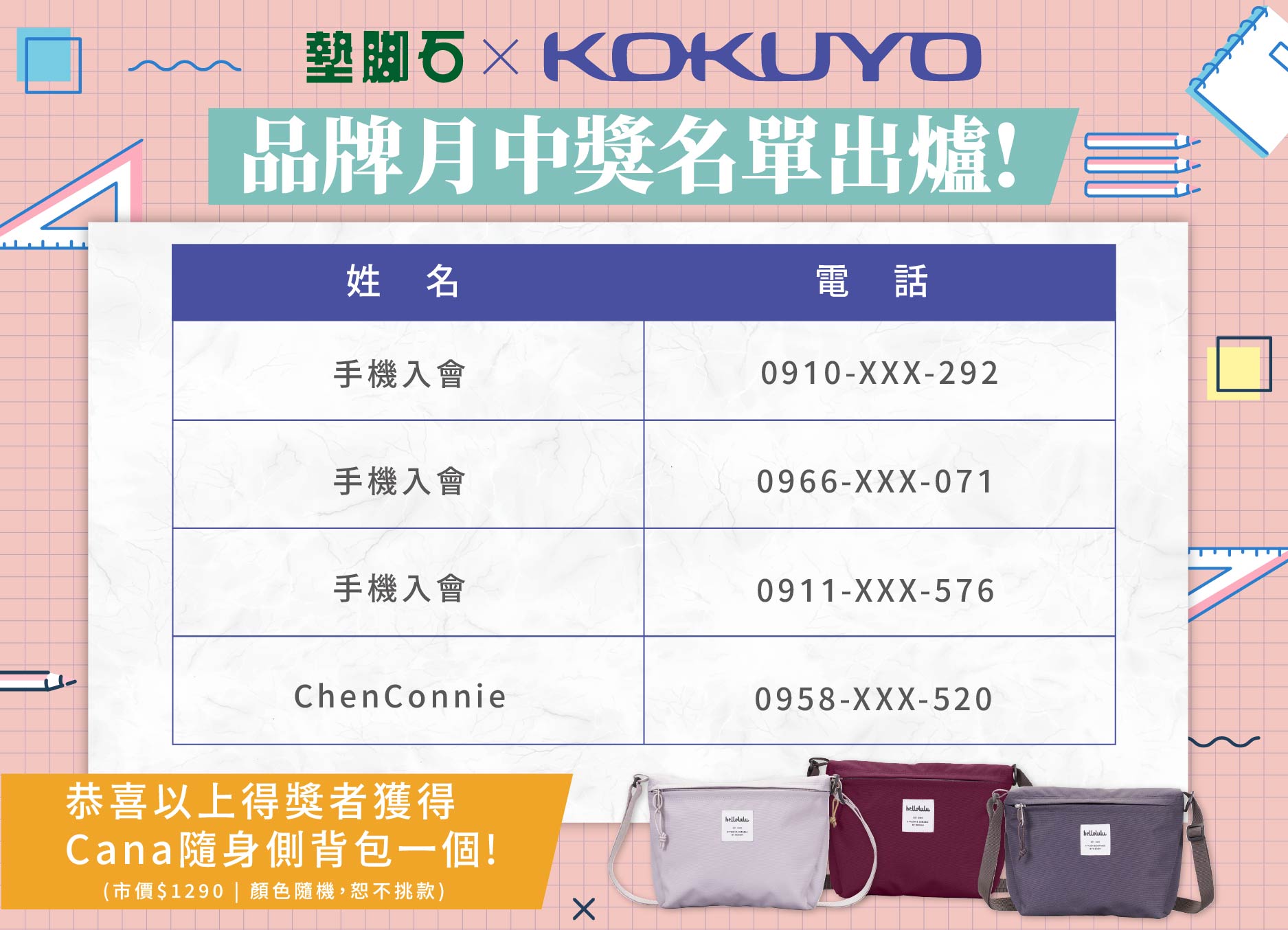 【KOKUYO 品牌月 滿額抽 Cana 隨身側背包】中獎公告