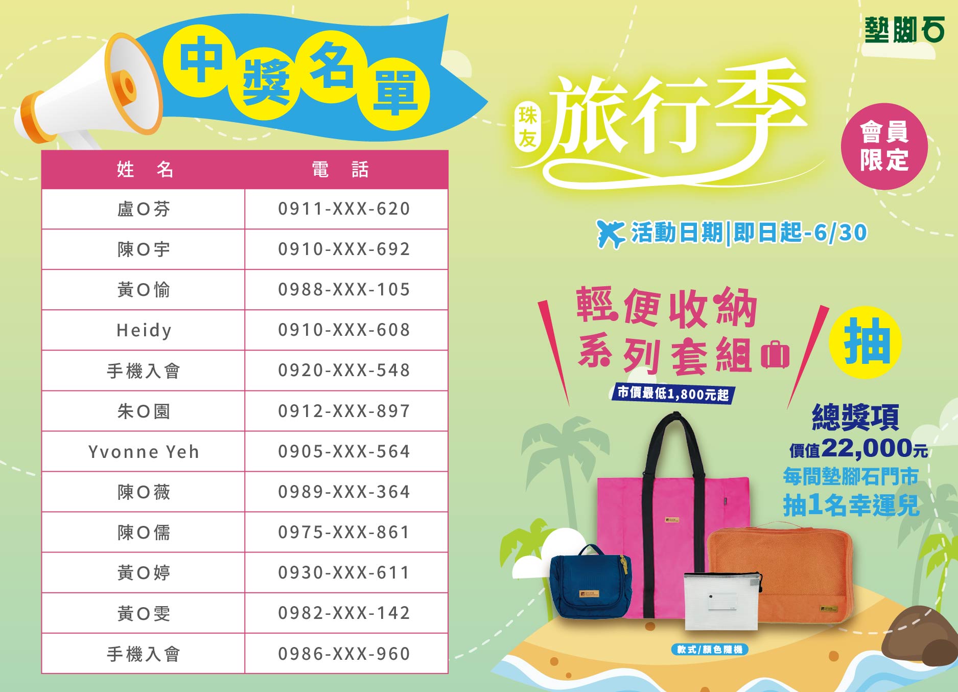 【珠友品牌月滿額抽輕便收納系列套組】中獎公告