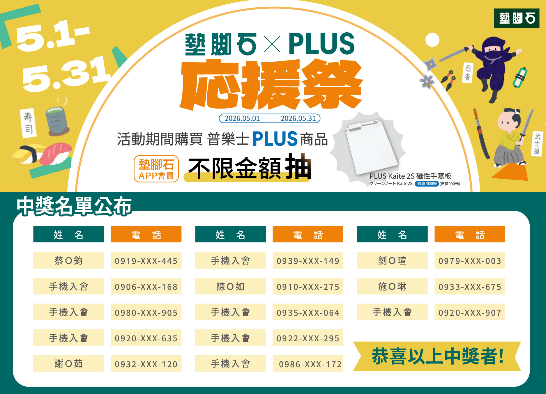 【PLUS 品牌應援祭會員限定抽磁性手寫板】中獎公告